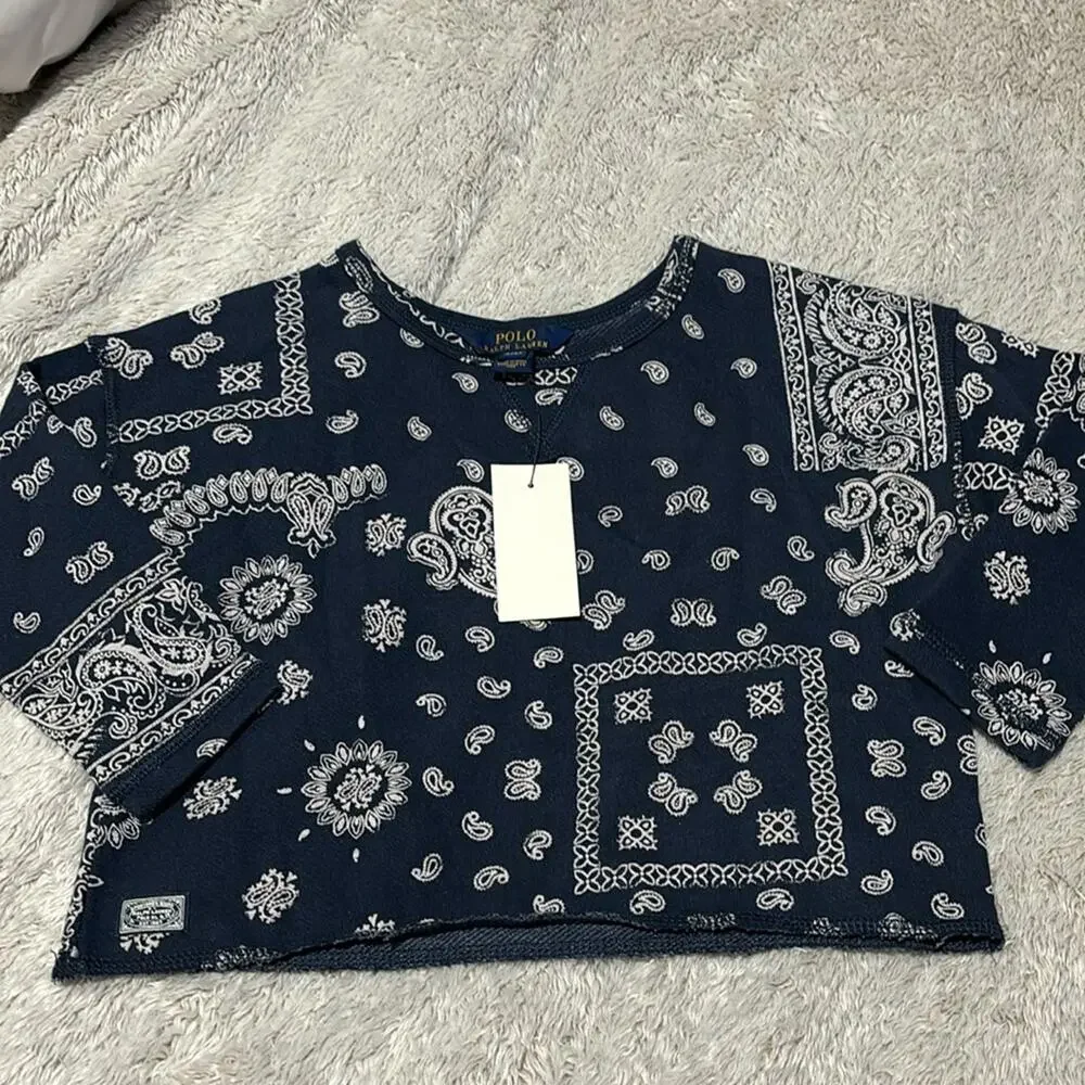 Ralph Lauren 4 navy blue white handkerchief print cropped dolman sleeve nwt